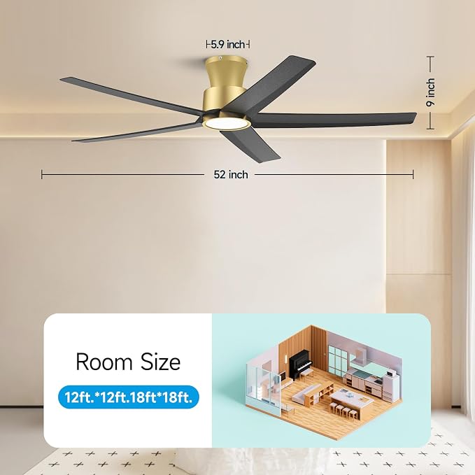 ocioc 52 inch Ceiling Fans with Lights, Large Air Volume Ceiling Fans with Reversible Quiet DC Motor and Remote（Black-Gold）