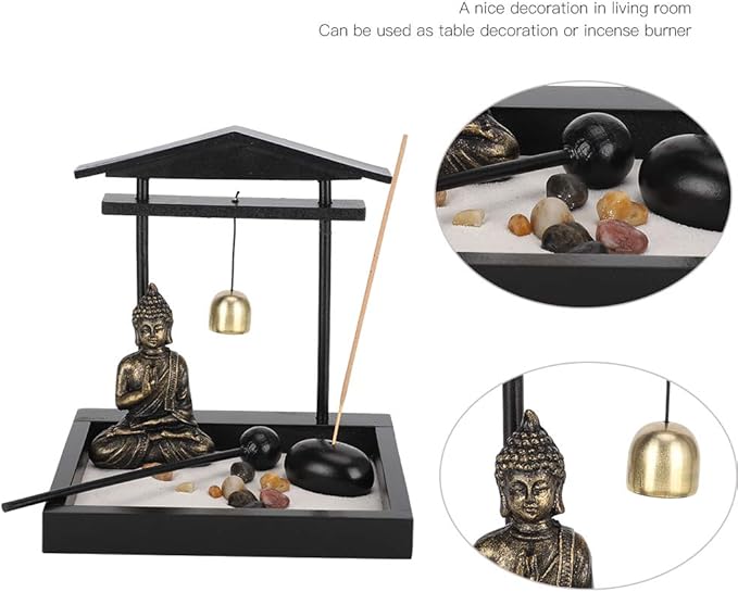 Zen Garden Desktop Sitting Buddha Ornament, Statue with Incense Holder Sand Decorative Stone Accessories for Home Office and Work Desk Collectible Figurines[1906]