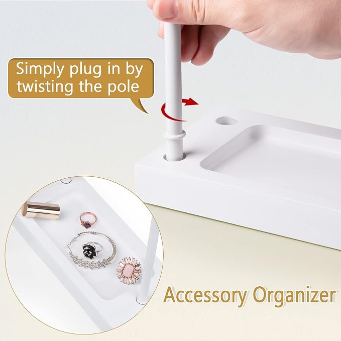 SRIWATANA White Jewelry Organizer Stand, Extra Tall 3-Tier Necklace Holder | Elegant Jewelry Tree with WoodenTray; Ideal to Organize Long Necklaces, Rings, Earrings