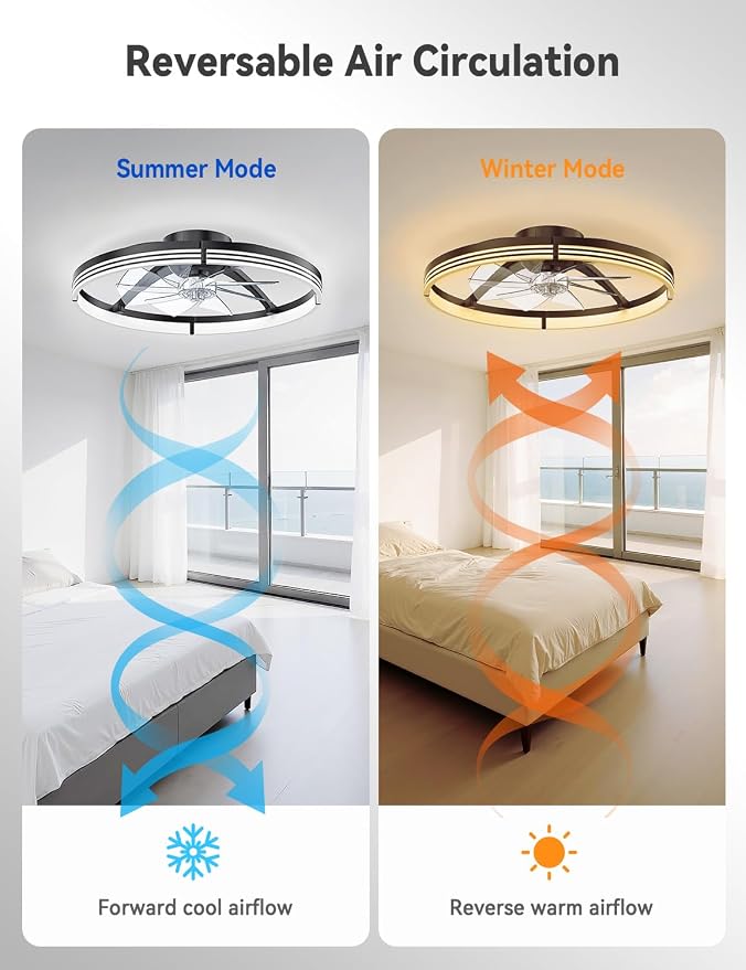 AKOFUN 24" Ceiling Fans with Lights and Remote, Low Profile Flush Mount Ceiling Fan with Light, 3000-6500K Dimmable LED Fan Light, Modern Bladeless Fandelier Ceiling Fans for Bedroom, Black Stripes