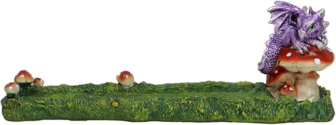 Ebros Gift Purple Baby Hatchling Dragon Perching On Toadstool Mushroom Pasture Greens Incense Burner Holder Figurine 10.25" Long Fantasy Mythical Dungeons and Dragons Home Decorative Accent