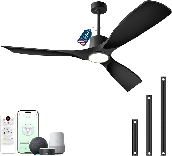 Ceiling Fans with Lights, Ceiling Fans with Lights and Remote Control, 52 inch Black Modern Smart Ceiling Fan with Light, Outdoor Ceiling Fans for Patios 3 Blade Bedroom Living Room（Black）