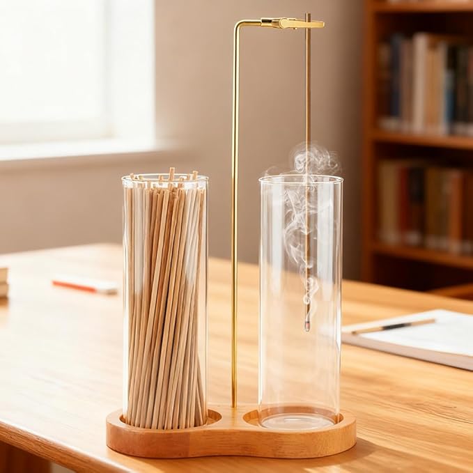 2 in 1 Incense Holder for Sticks with Glass Ash Catcher, Incense Sticks Organizer Anti-Ash Flying Inscents Stick Holder for Yoga Spa Meditation Home Decor(Color:Wood)