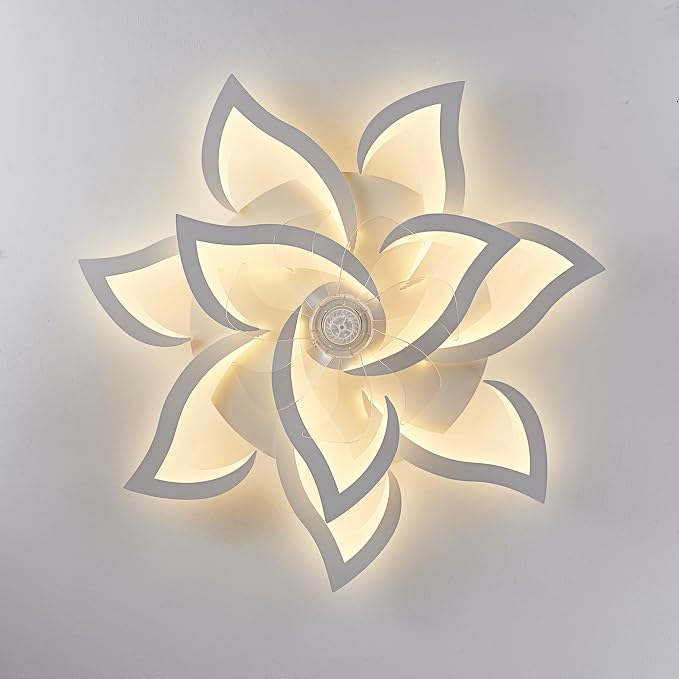 32inch White Flower Modern Ceiling Fans with Lights, Low Profile Ceiling Fan with Remote for Bedroom, Flush Mount Ceiling Fan with LED Dimmable Light,6-Speeds, Timing Ceiling Fan Light