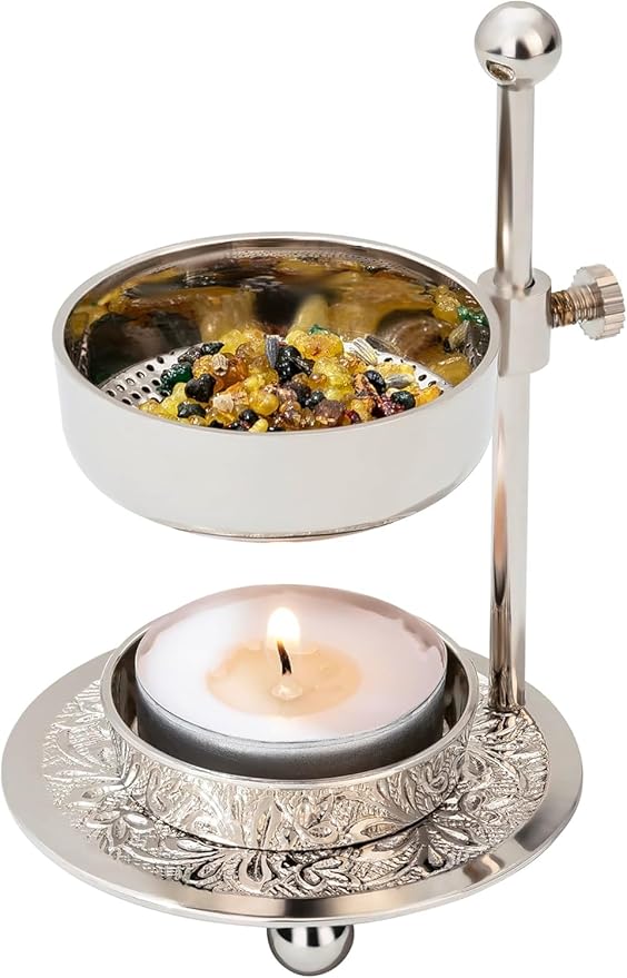 Premium Handmade Nickel-Plated Brass Incense Burner [Silver] with Adjustable Height (4.33 inch) – Includes Screen and Tealight for Perfect Smoking Experience (Silver)