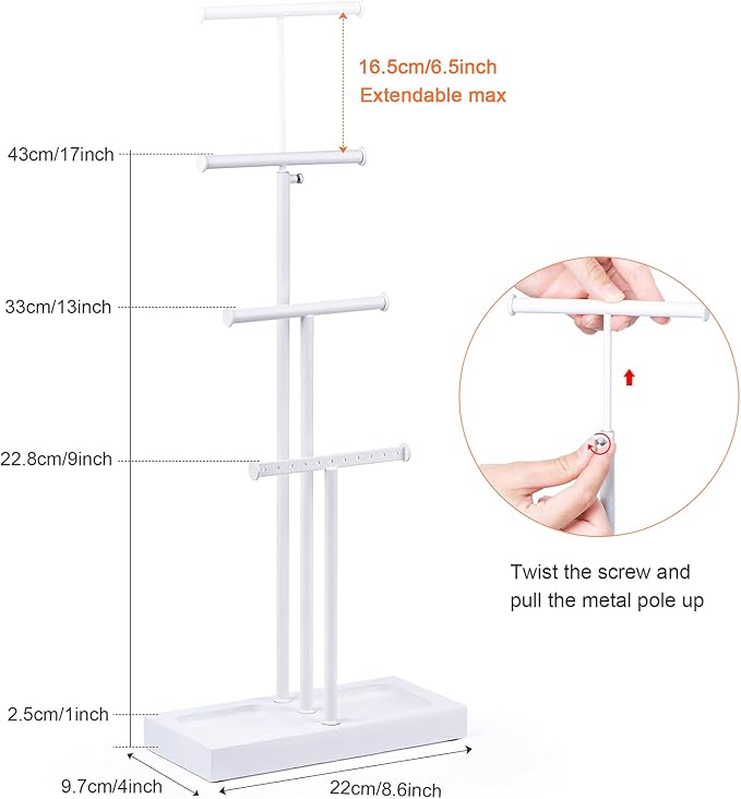 Love-KANKEI 3-Tier Jewelry Organizer Stand Holder,Adjustable Height,White | Metal Rod,Solid Wood Base,Easy to Install,Tree Style,Display Long Necklaces,Bracelets,Earrings,Rings,Watches,Bangles,Gift