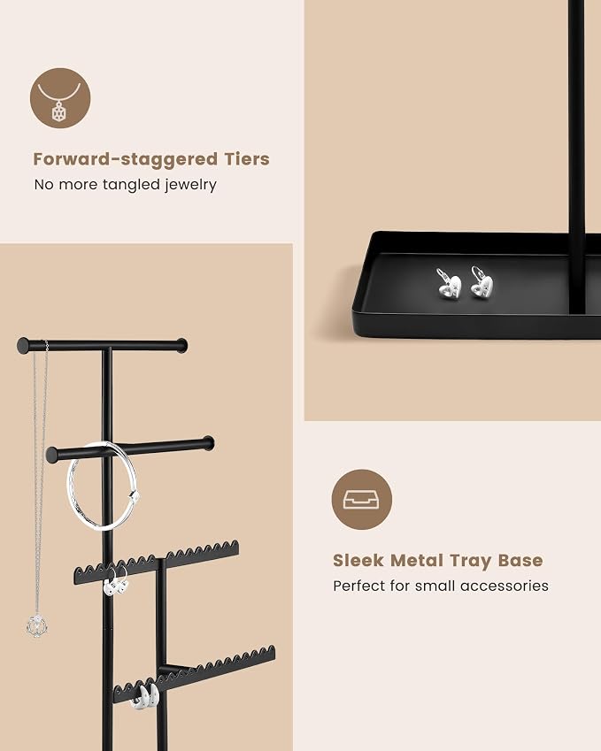Lolalet 4-Tier Jewelry Organizer Stand, Metal Jewellery Holder, Dresser Display Rack for Necklace Earring Bracelets Rings, Gift for Women Girls -Black