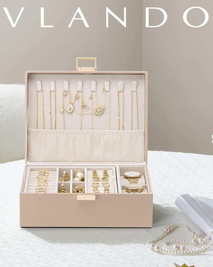 VLANDO Jewelry Organizer,2 Layer Jewelry Box Large Jewelry Organizer for Women Removable Jewelery Tray with Watch Pillow for Necklace Earrings Rings Bracelets (Toffee)