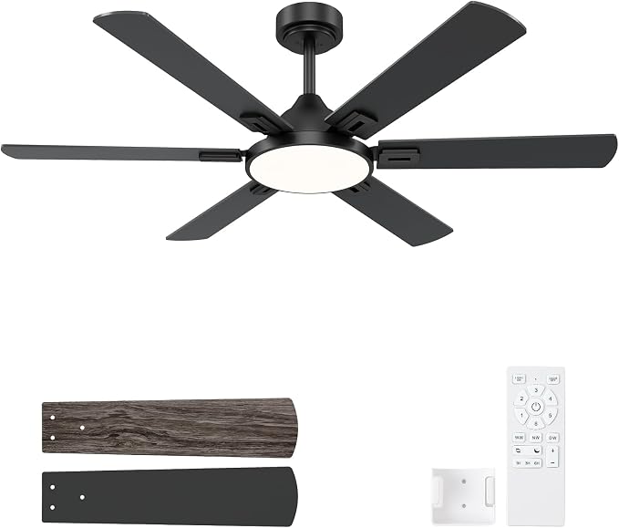 52 Inch Ceiling Fans with Lights, 6 Wooden Blades, Black | Remote Control, Reversible Quiet DC Motor, 6-Speed, 3CCT Dimmable LED, Timer for Living Room, Bedroom, Office
