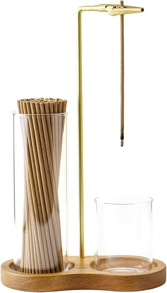 2 in 1 Incense Holder, Wooden Incense Holder for Sticks with Glass Ash Catcher Anti-Ash Flying Upside Down Insence Stick Burner for Meditation Yoga Spa Room Decor (Gold, 7.87“+2.75”)