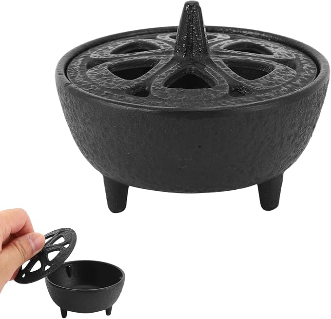 Cast Iron Incense Burner, Lotus Shaped Holder for Cones, Sticks, Coils, Sage and Frankincense - Retro Metal Container With Ash Catcher