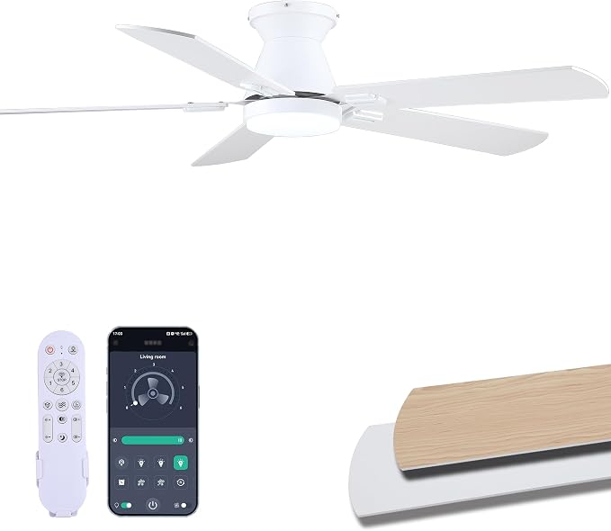 Ceiling Fans with Lights, 52 Inch Ceiling Fan with Light and Remote/APP, Low Profile Ceiling Fan with Light, DC Reversible, 6 Speed Noiseless LED Ceiling Fan, White Small Ceiling Fan for Bedroom