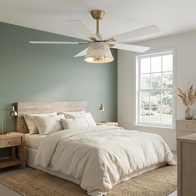 52 Inch Boho Rattan Ceiling Fan with Light and Remote, White Farmhouse Caged Ceiling Fan, 6-Speed Reversible DC Motor, Quiet Flush Mount Ceiling Fan for Bedroom Living Room Patio Indoor Outdoor