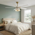 52 Inch Boho Rattan Ceiling Fan with Light and Remote, White Farmhouse Caged Ceiling Fan, 6-Speed Reversible DC Motor, Quiet Flush Mount Ceiling Fan for Bedroom Living Room Patio Indoor Outdoor