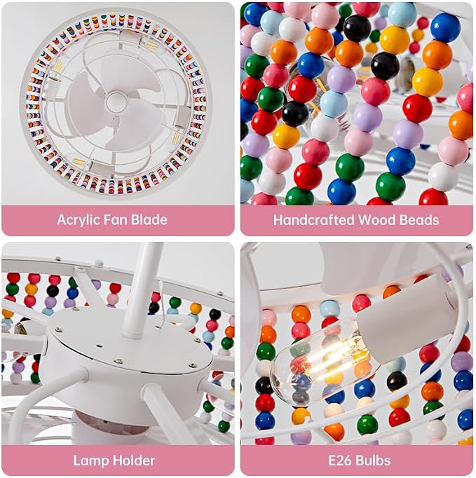 Ceiling Fans with Lights and Remote and Downrod, Caged Ceiling Fan with Handcrafted Beaded Décor 6 Speeds Reversible 19 inches Bulbs Included for Angled Ceiling, Colorful