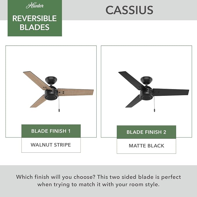Hunter Cassius, Outdoor or Indoor, Ceiling Fan, 44 inch, Matte Black | No Light, Standard Mount, Pull Chain, 3 Blades, For Living Room, Patio, Porch, Garage, 50260