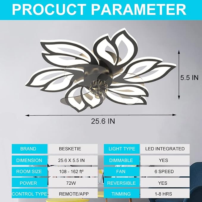 25.6" Bladeless Ceiling Fan with Lights Remote Control, Modern Low Profile Ceiling Fans with Lights, Dimmable 3 Color 6 Wind Speeds LED Ceiling Fan for Bedroom, Living Room, Kids Room - Black