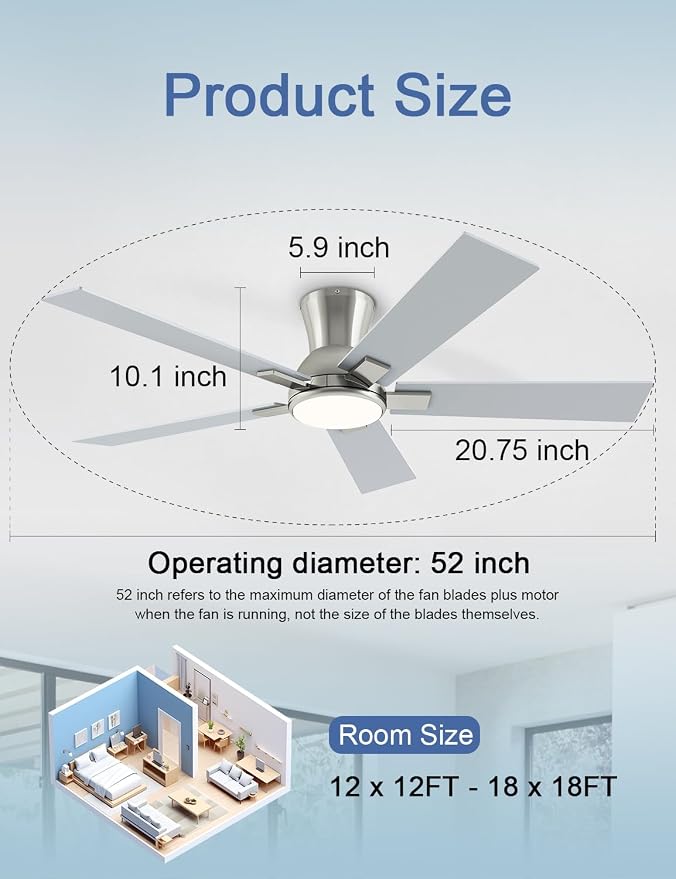 52 Inch Ceiling Fans with Lights and Remote, Brushed Nickel Flush Mount Low Profile Ceiling Fan for Bedroom, Patio, Reversible DC Motor, 6-Speed Quiet LED Dimmable, ETL Listed