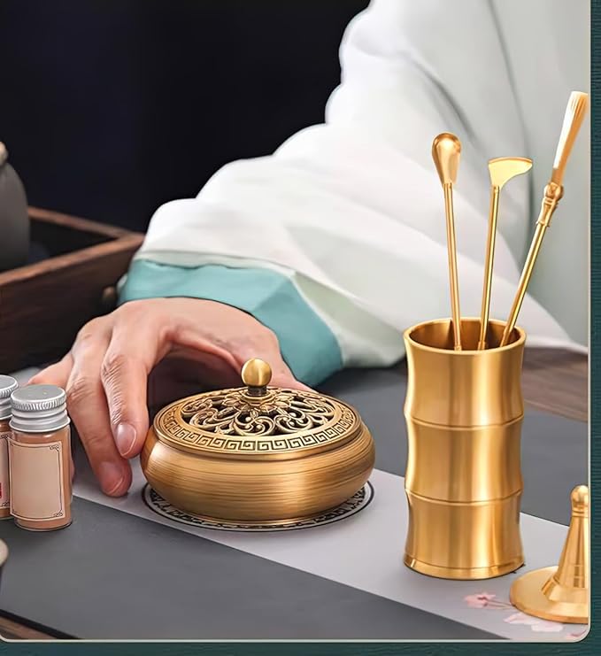 31 Pcs Powder Incense Burner Set, Brass Incense Making Kit, Chinese Incense Burner Powder Set Includes Holder/Stick/Cone/Coil/Ash Catcher Tray, Gift for Yoga and Meditation (31)