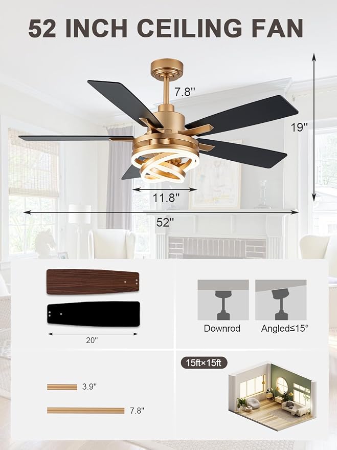Bella Depot 52 Inch Gold Ceiling Fan Modern Chandelier Ceiling Fan with Dimmable Light, 6-Speed, Reversible, Timing Option - Ideal for Bedroom Living Room