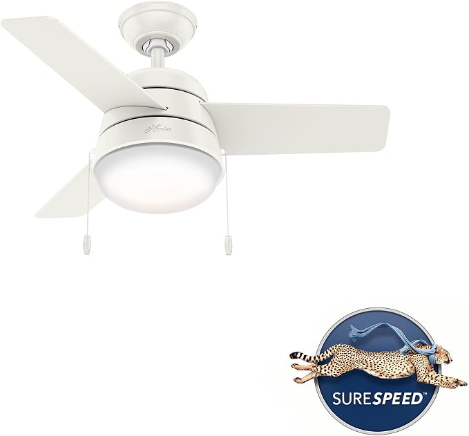 Hunter Aker, Indoor, Ceiling Fan, Modern, Small, 36 inch, Fresh White | with LED Light and Pull Chain, Standard Mount, Quiet, 3 Blades, For Bedroom, Home Office, Laundry Room, 59301