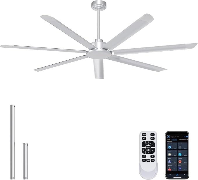 Ohniyou 72'' Industrial Ceiling Fan No Light for Patio, Garage, Silver | 8000 CFM Airflow, 35dB DC Motor, 7 Aluminum Blades, Remote/APP Control, Covered Outdoor Metal Fan