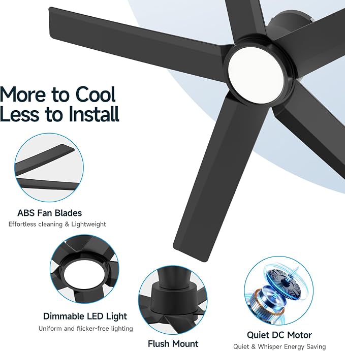 ocioc 44 inch Ceiling Fans with Lights and Remote, Dimmable Ceiling Fans with Reversible Quiet DC Motor, Flush Mount, 3CCT, Black Ceiling Fan for Bedroom Living room Indoor/Outdoor