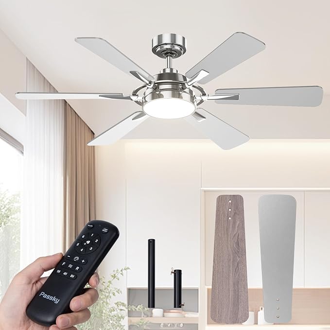 Passky Ceiling Fans with Lights, 52 inch Nickel Ceiling Fan with Light and Remote Control, Reversible, Dimmable, 3CCT, Quiet, Ceiling Fan for Bedroom, Living Room, Indoor/Outdoor Use