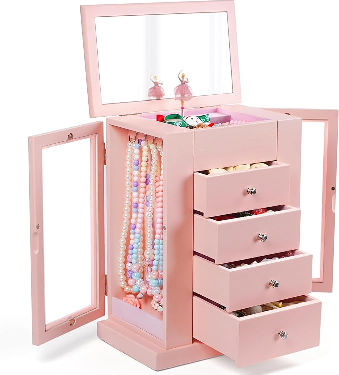 Emfogo Jewelry Box for Girls, Musical Jewelry Box with Spinning Dancer Gifts for Little Girls Christmas New Year Birthday Children's Day, 5 Layer Large Wooden Kids Music Jewelry Organizer Box(Pink)