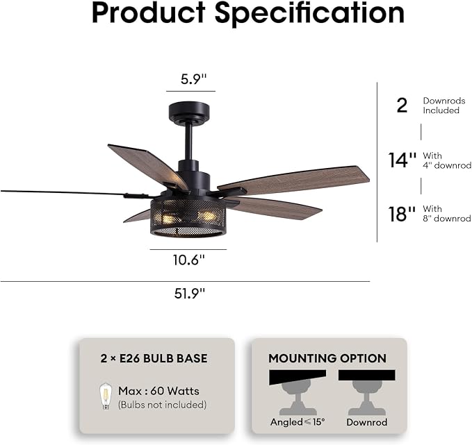 LuminFan 52 Inch Ceiling Fans with Lights and Remote Control, Farmhouse Ceiling Fan for Bedroom Living Room and Patio, Black Caged Ceiling Fan for Indoor and Outdoor