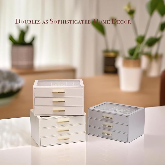 VLANDO 3-Drawer Jewelry Box with Glass Lid, Faux Leather Organizer for Rings Earrings Necklaces and More, Gift-Ready Jewelry Case for Women Girls or Moms, Pink Beige