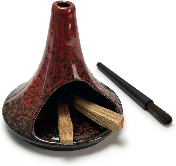 Ceramic Palo Santo Holder & Ash Catcher with Mini Chimney, Incense Holder & Sage Burner, Wabi-Sabi Home Decor for Meditation & Yoga(Rust Ember)