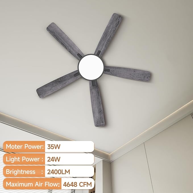 Ceiling Fans with Lights,52 inch,Nightlight,Quiet,Reversible Motor,6 Speeds,Timer, Low Profile Ceiling Fan for Bedroom,Living Room,Indoor/Outdoor Use(Gray)