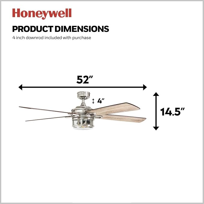 Honeywell Ceiling Fans Bonterra Modern 52 Inch Ceiling Fan with Light, Remote Control, LED Indoor Fan with 5 Blades, Light Brown Pine and Brown Chestnut Blade Finish Options, Brushed Nickel (50610-01)