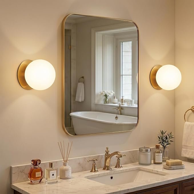 2 Pack Wall Sconces, Modern Globe Sconces in Aged Brass, Wall Light for Bedroom Bathroom Living Room & Hallway Vanity Lighting, Ceiling Light Fixture
