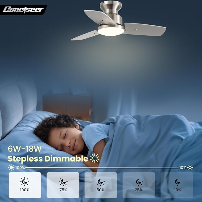 30 Inch Ceiling Fans with Lights and Remote, Bedroom Living Room Office, Flush Mount, 6CCT Dimmable, Dual Color 3 Blades 6 Speed Reversible Quiet DC Motor, Sand-Nickel/Wood Grain, 2 Pack