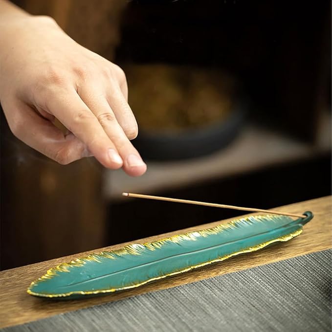 Incense Stick Holder Burner Ceramic Green Feather, Incense Burner Ash Catcher 9 Inch Handmade Incense Tray Meditation, Yoga, Home/Office Decor, Spa Relaxation (Green)