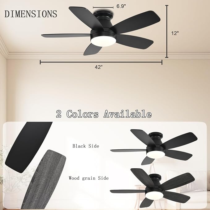 JSAITEE Ceiling Fans with Lights, 42 Inch Low Profile Ceiling Fan with Light and Remote/App Control, Flush Mount, Reversible, 3CCT, Dimmable, Noiseless, Black Ceiling Fan for Indoor/Outdoor Use