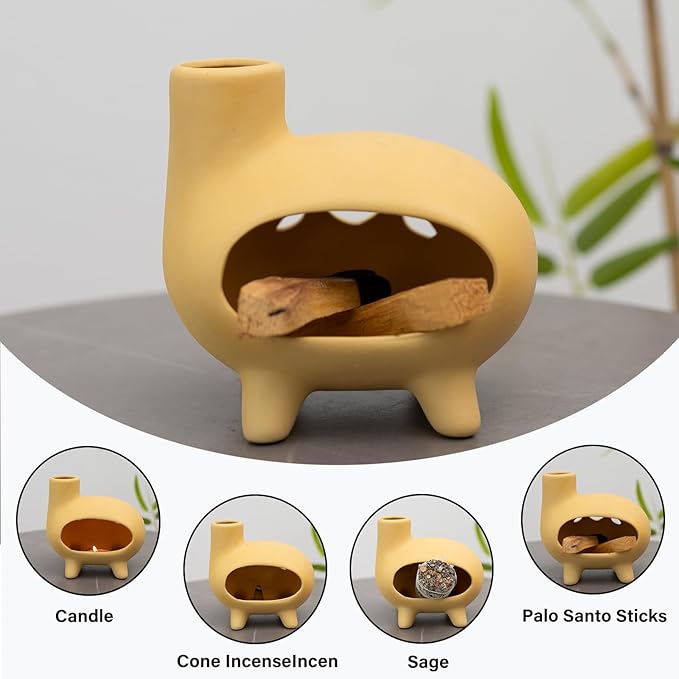 MOUGIGI Elegant Handcrafted Ceramic Palo Santo Burner-Yellow Terracotta Footed Incense Holder for Meditation,Compatible with Wood Sticks,Sage,Ash&Cones-Mini Aromatic Home Altar with Chimney Design