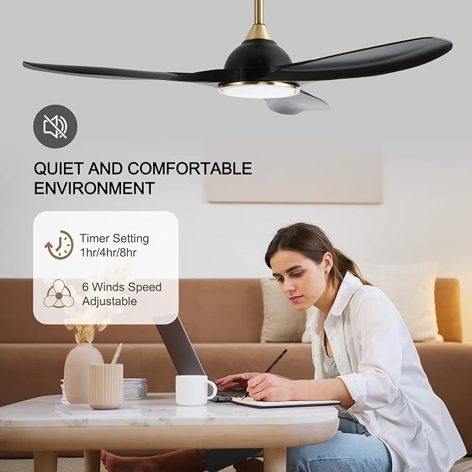 52 Inch High CFM Modern 3 Blade Black Gold Ceiling Fan with Lights Remote | Quiet DC Motor, 6 Speed, Indoor Living Room Bedroom Ceiling Fan