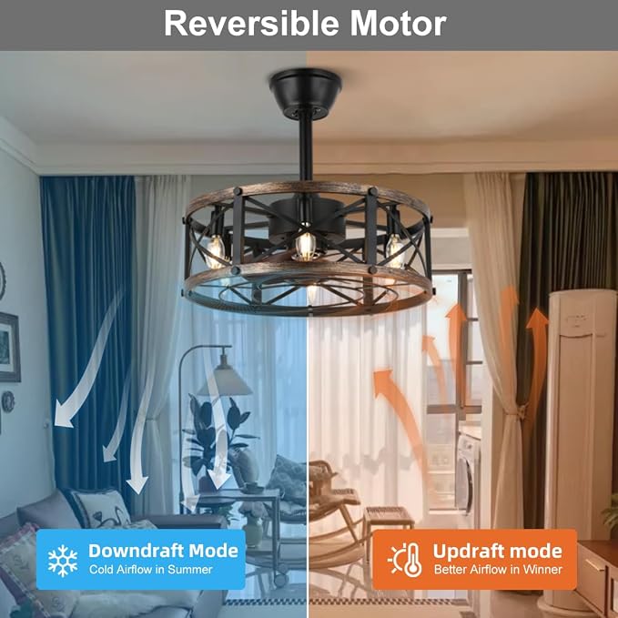 SHLUCE 19" Farmhouse Fandelier Ceiling Fan with Light, Caged Bladeless Ceiling Fans with Lights and Remote, Modern Small Enclosed Ceiling Fans with Lights for Living Room, Bedroom, Black - ETL