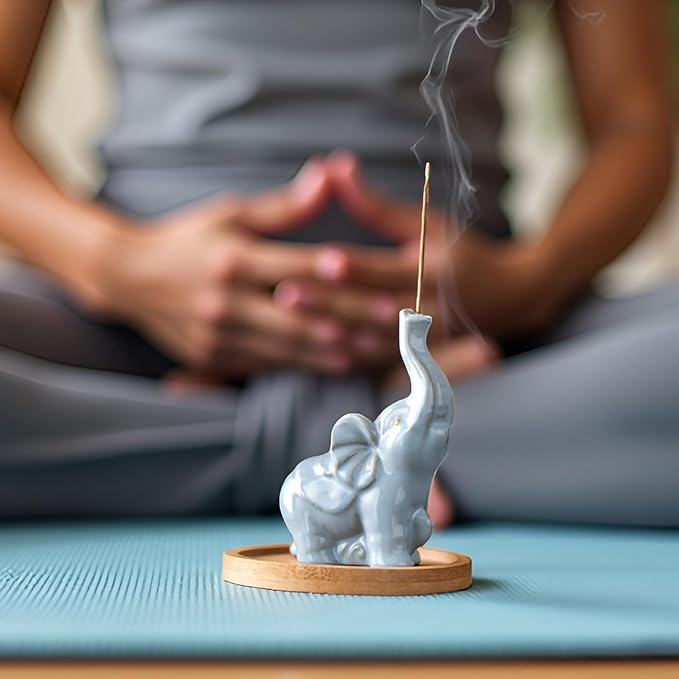 Cute Elephant Incense Holder for Sticks - ZKSYLSM Ceramic Incense Burner with Bamboo Ash Catcher, 3.5" Meditation Decor