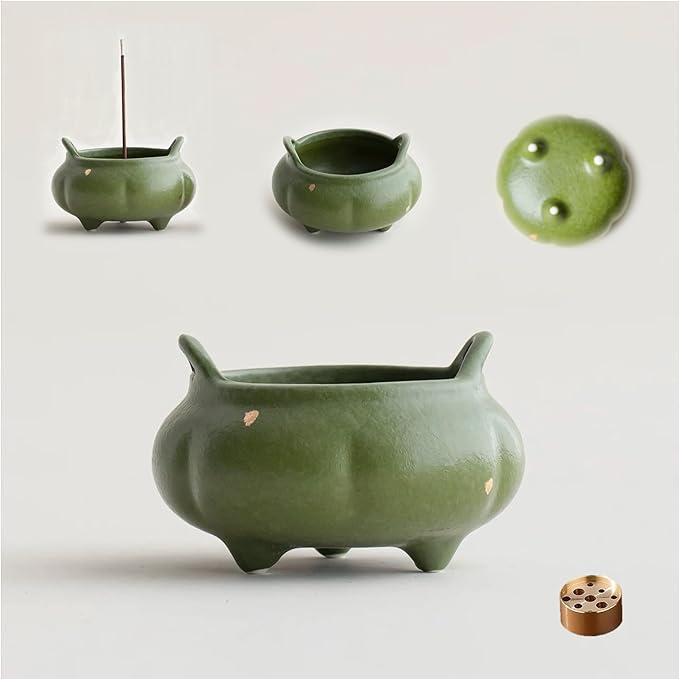 Hermit Life Incense Burner with 9 Holes Stick Holder, Lotus Bud or Tripod Ding Shape Design and Matte Ceramic Surface for Home Décor, Incense Stick Holder with Ash Catcher (Green Tripod Ding)