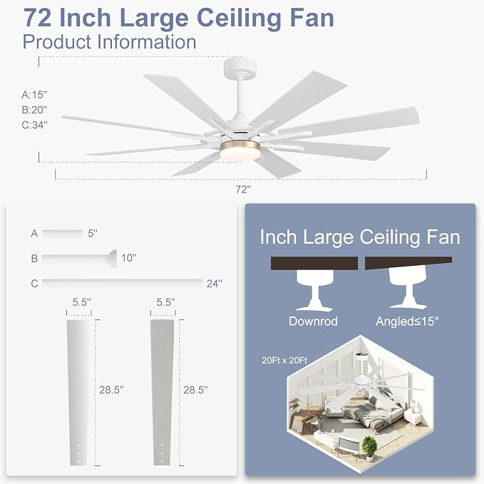 72 Inch Smart Ceiling Fan with Light and Remote, White Ceiling Fan with Quiet Reversible DC Motor, Compatible with Alexa/Google, 3CCT Dimmable Large Indoor/Outdoor Ceiling Fans for Patio Garage