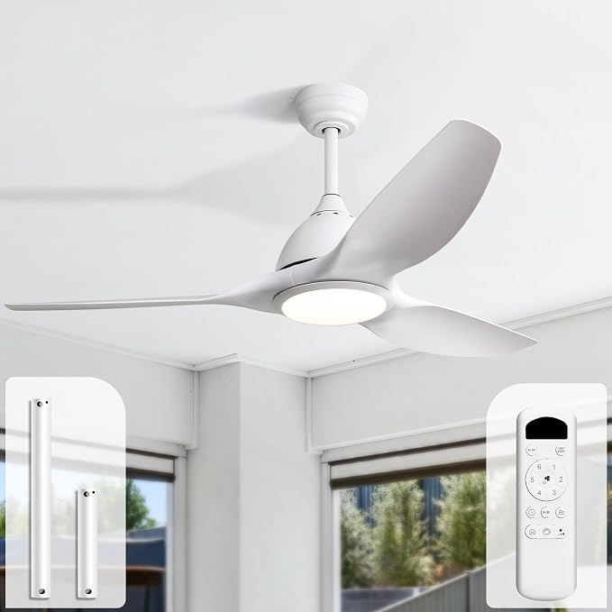 Sofucor 52 Inch Outdoor Ceiling Fans with Lights, Modern Ceiling Fan with 3 Plastic Blade, Quiet, Dimmable, High 7000CFM 6-Speed 3-Timer Reversible DC Motor, for Bedroom Living Room, ETL, White