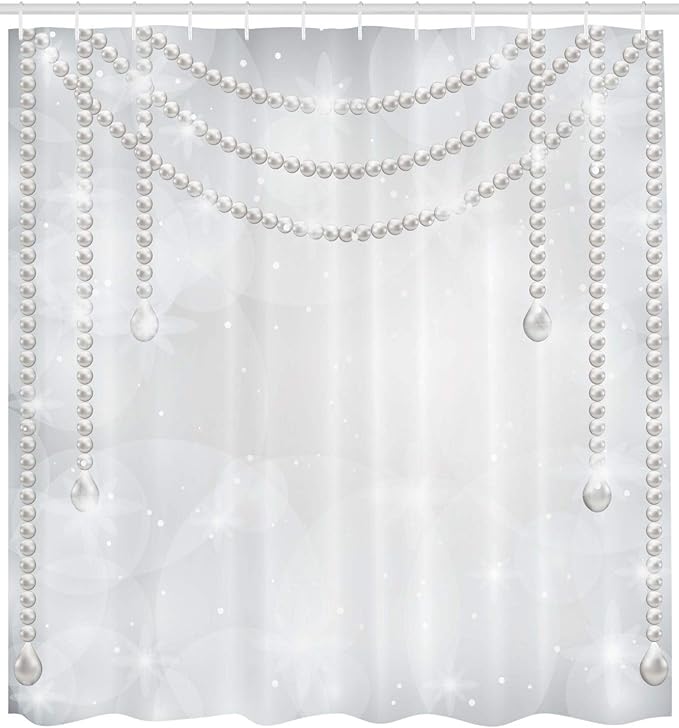 Ambesonne Pearls Shower Curtain, Diamonds Stones and Pearls Hanging Necklace Bridal Wedding Theme Image, Cloth Fabric Bathroom Decor Set with Hooks, 69" W x 75" L, Ivory Grey