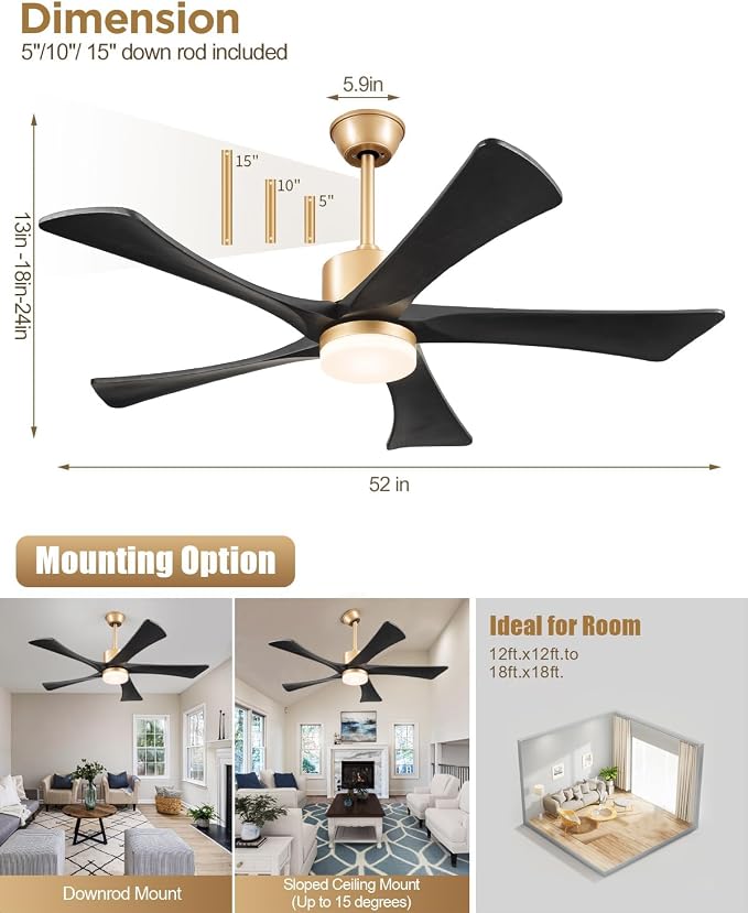 52" Black and Gold Ceiling Fan with Lights and Remote, Outdoor Ceiling Fan for Patios, USA Original Patent, ETL Listed, 5 Blade, 3 Downrods, 6 Speeds Reversible DC Motor Fan, 52", Gold Black