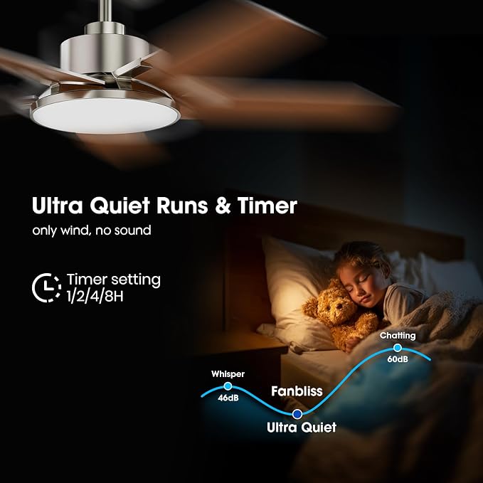 Fanbliss 44 Inch Ceiling Fans with Lights, Modern Nickel Ceiling Fan with Dimmable LED, 6 Speeds, Timer, Quiet Reversible DC Motor, Remote Control Ceiling Fan for Bedroom, Living Room and Kitchen