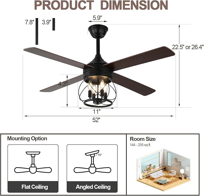 52 Inch Farmhouse Ceiling Fan with Light and Remote Industrial Ceiling Fan Quiet and Reversible DC Motor Rustic Caged Chandelier Fan for Living Room Bedroom Patio (Caged Frame)