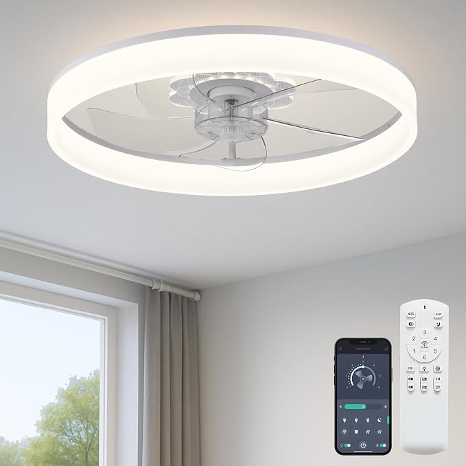 FSZDORJ 20'' Ceiling Fan with Light and Remote, Low Profile Ceiling Fan with Light, Dimmable Flush Mount Ceiling Fan Light, 6 Speeds Fan, App&Remote Control, Fandelier Quiet Fan for Bedroom F116 White